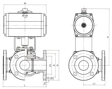 气动三通法兰球阀结构图